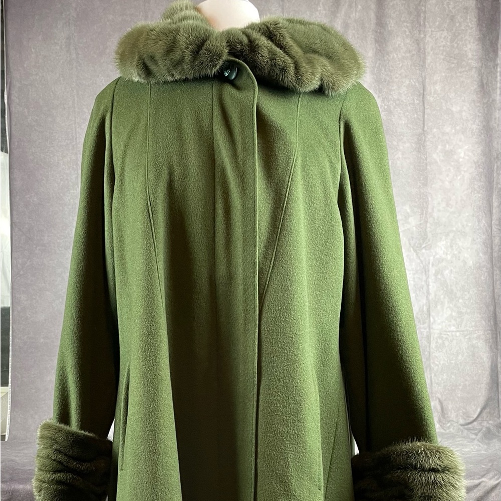 Cashmere/Lambswool Angora Fur Long Coat in Green